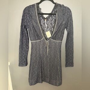 Free People Black Lace Textured Long Sleeve Tie Front Mini Dress NWT Size‎ Small